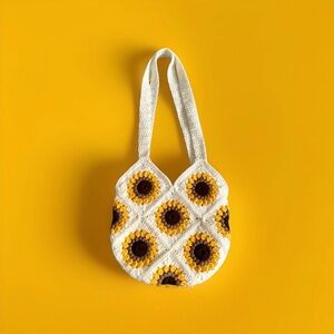 Handmade Boho Crochet Granny Square Sunflower Bag